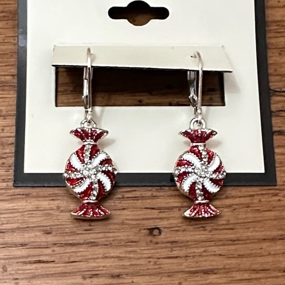Napier Candy Swirl Red and Silver Tone Earrings - Leverback - Picture 2 of 4
